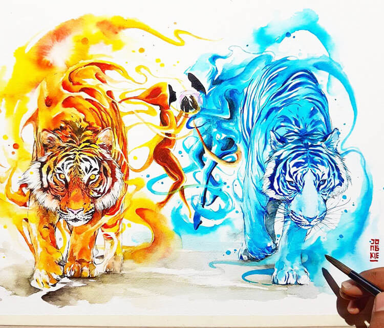 Fire and Ice watercolor painting by Art Jongkie