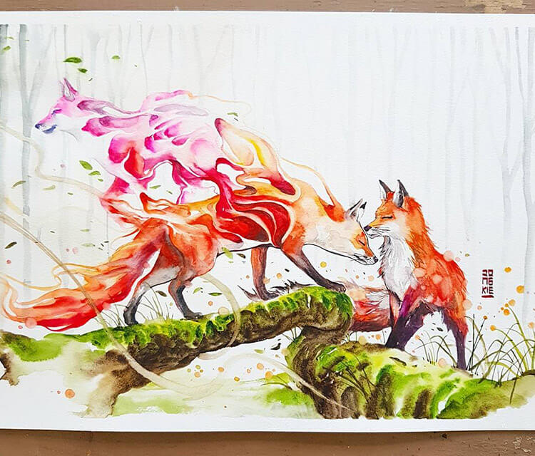 Tales of Fox watercolor painting by Art Jongkie