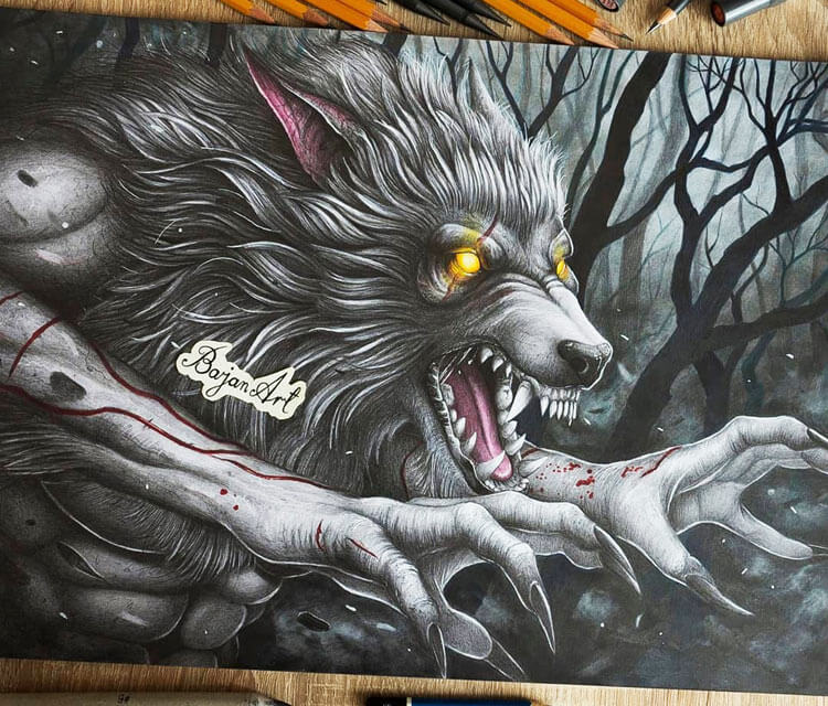 Werewolf drawing by Bajan Art