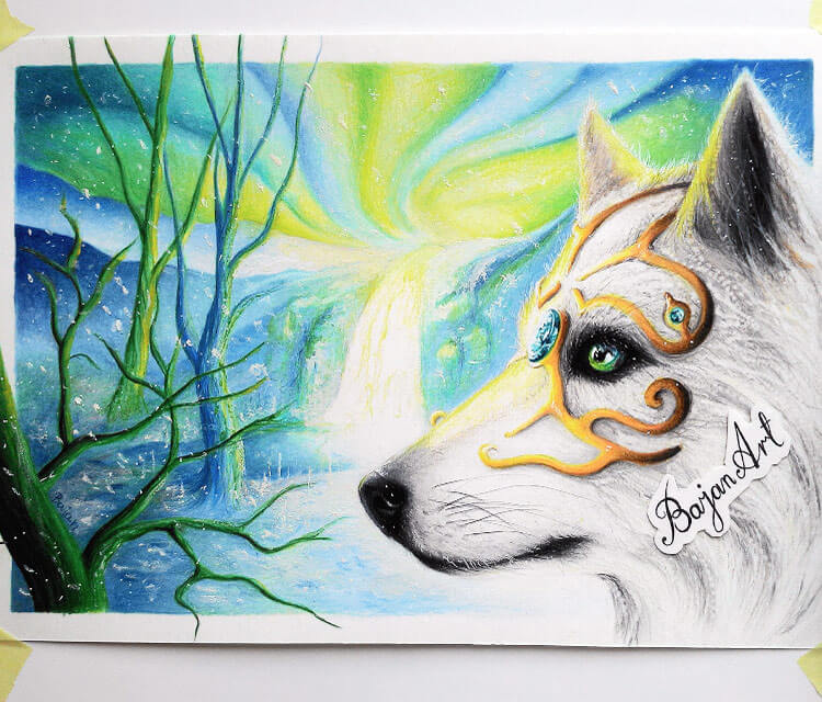 White wolf drawing by Bajan Art