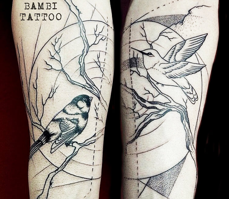 Sparrows dotwork tattoo by Bambi Tattoo