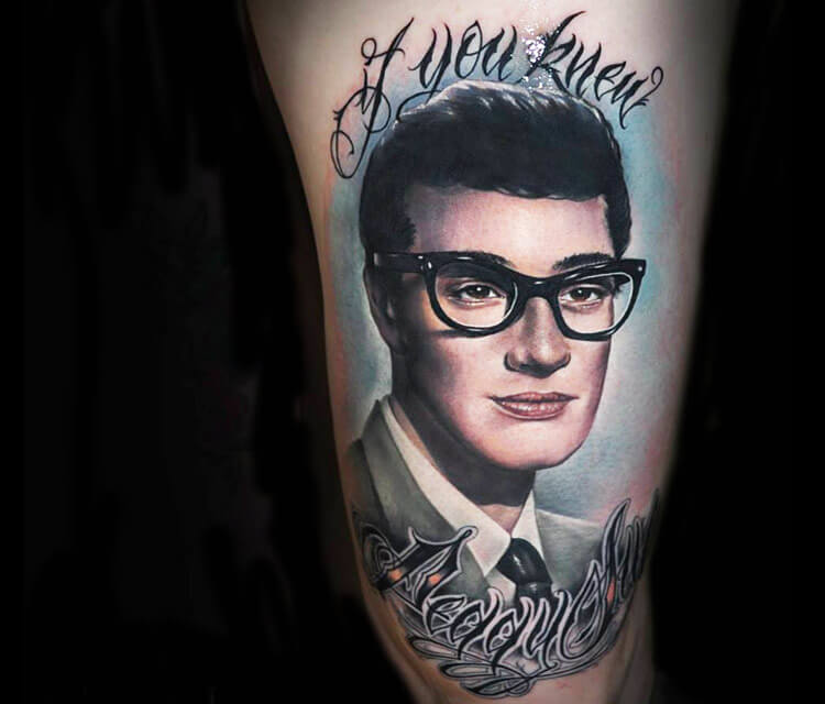 Portrait tattoo of Buddy Holly by Benjamin Laukis