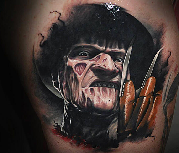 Portrait tattoo of Freddy Krueger by Benjamin Laukis