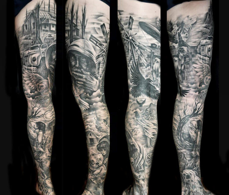 Full leg tattoo by Benjamin Laukis