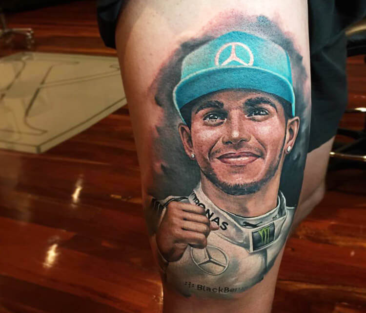 Lewis Hamilton tattoo portrait by Benjamin Laukis