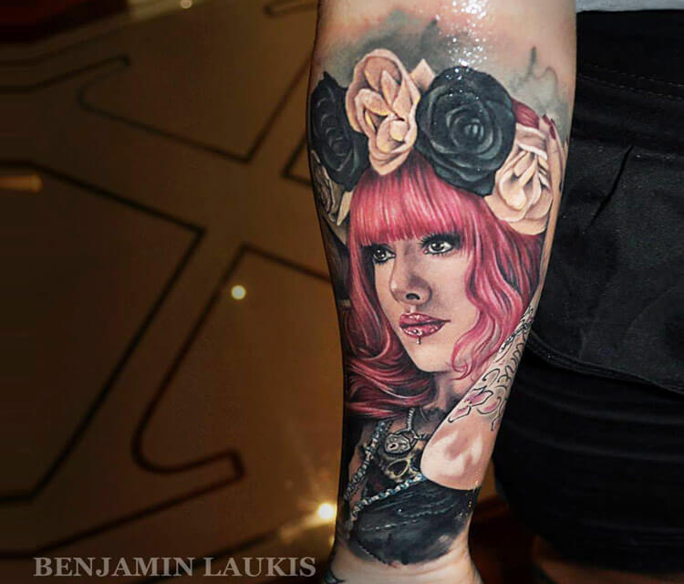 Tattoo portrait of Moni Marino by Benjamin Laukis