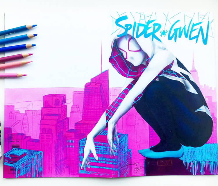 SpiderGwen color drawing by Jonathan Knight Art