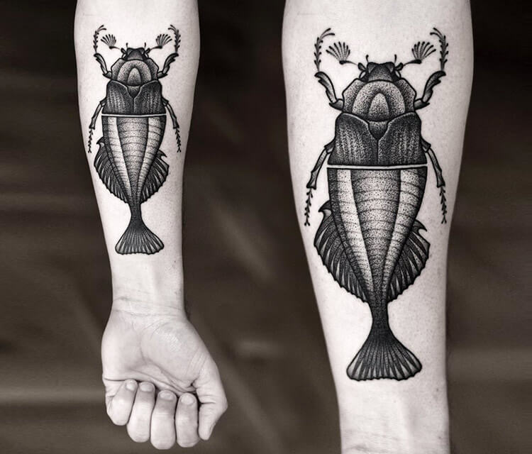 Beetle Insect Dotwork tattoo by Kamil Czapiga