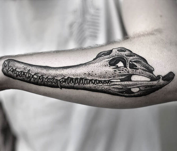 Crocodile Skull dotwork tattoo by Kamil Czapiga