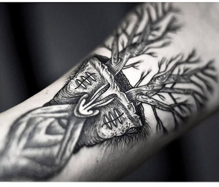 Tree face dotwork tattoo by Kamil Czapiga
