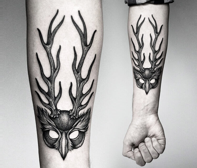 Mask dotwork tattoo by Kamil Czapiga