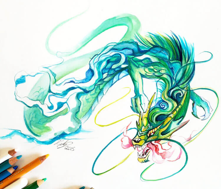 Chinese dragon color drawing by Katy Lipscomb Art