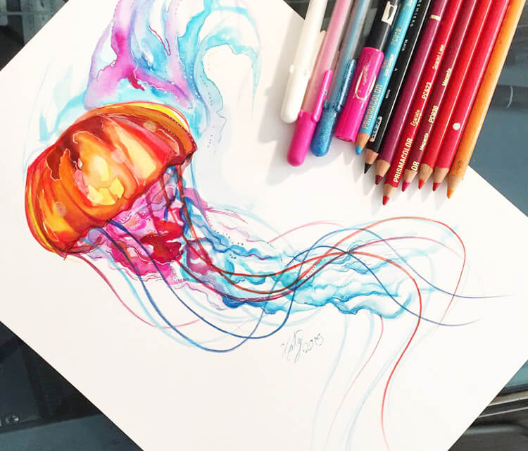 How to Draw Kawaii Jellyfish and Colour It with Watercolour Pencils