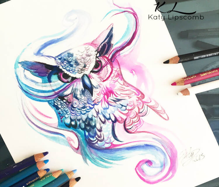 magic owl color drawing by Katy Lipscomb Art