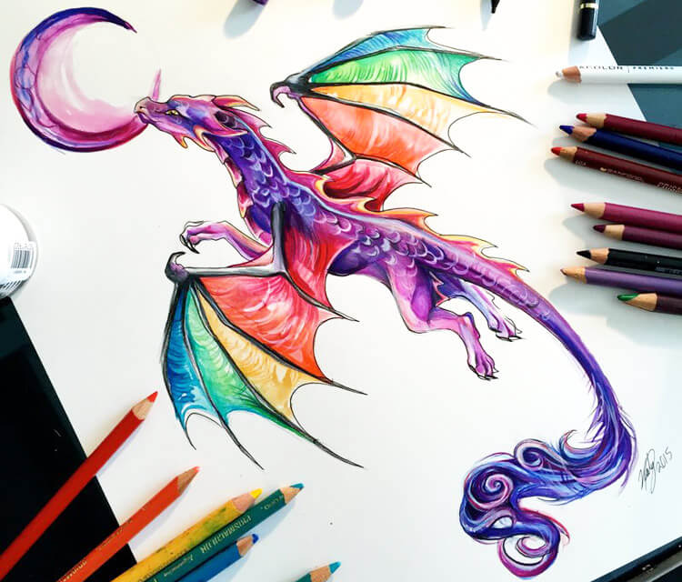 Rainbow dragon color drawing by Katy Lipscomb Art