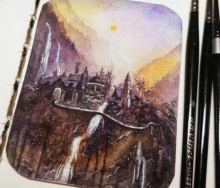 Rivendell watercolor painting by Kinko White
