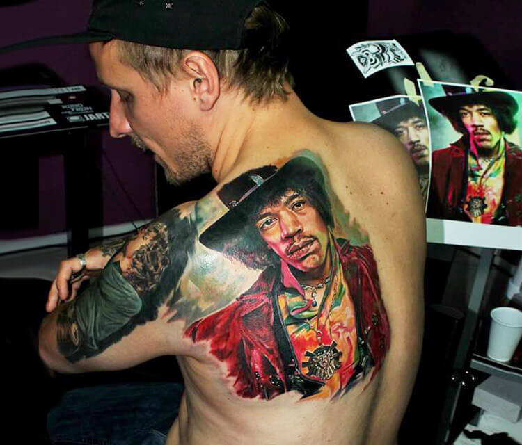 Jimi Hendrix portrait tattoo by Led Coult