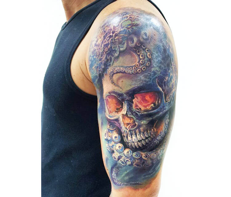 Octopus and Skull tattoo by Led Coult