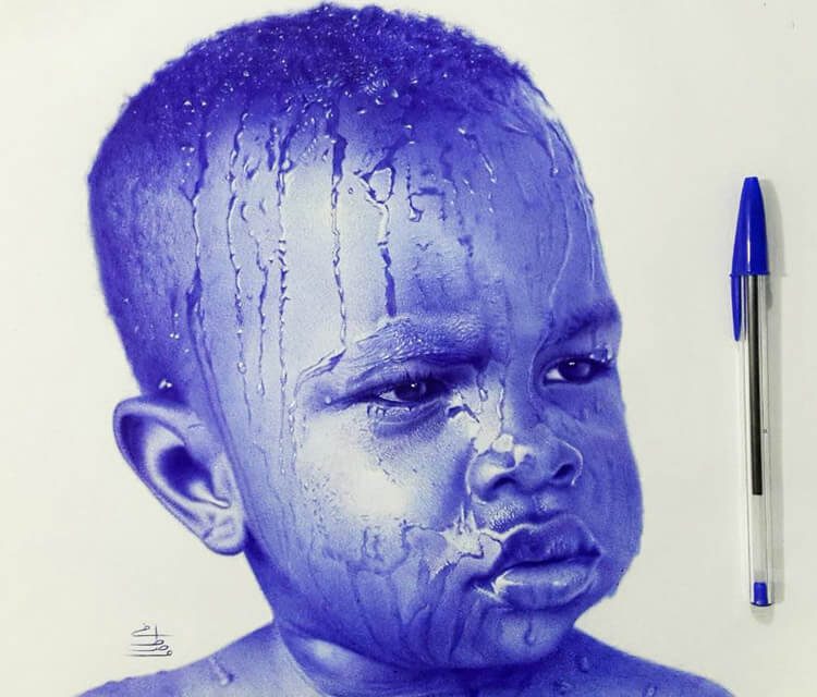 Water on baby face pen drawing by Mostafa Mosad Khodeir