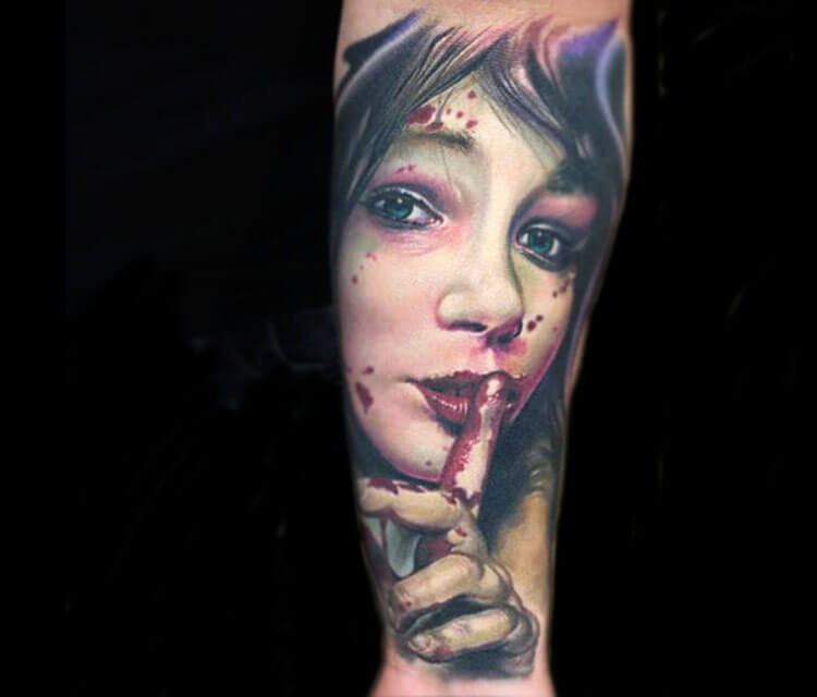 Horror woman portrait tattoo by Paul Acker
