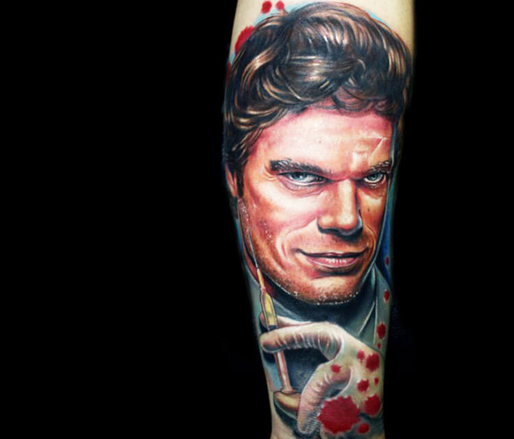 Portrait Dexter tattoo by Paul Acker