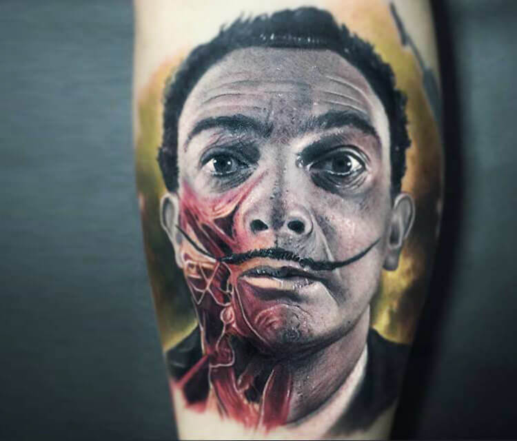 Salvador Dali portrait tattoo by Paul Acker