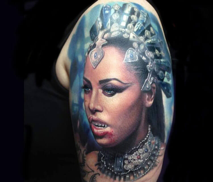 Realistic vampire woman tattoo by Paul Acker