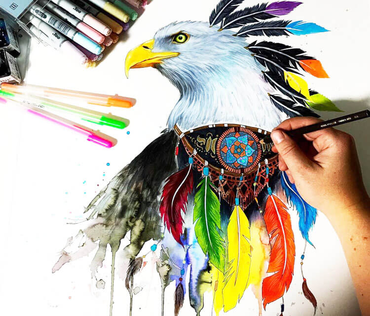Eagel and Feathers color drawing by Pixie Cold