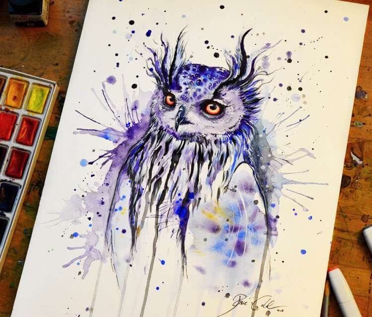 Secret owl watercolor painting by Pixie Cold