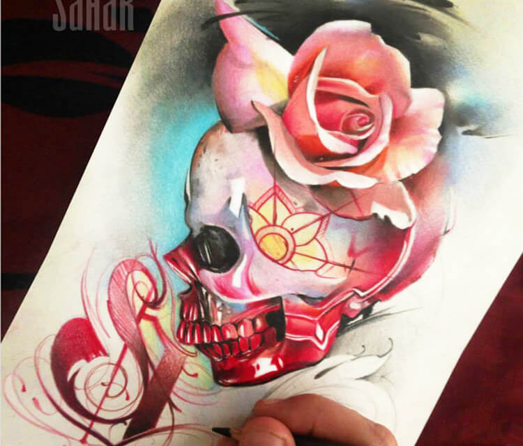 Muerte skull and rose color drawing by Sergey Shanko