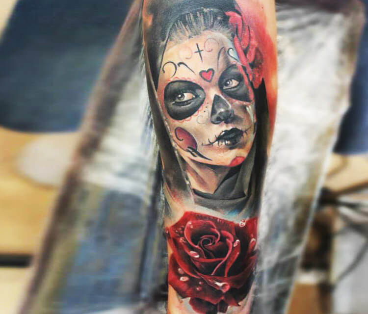Muerte with rose tattoo by Sergey Shanko
