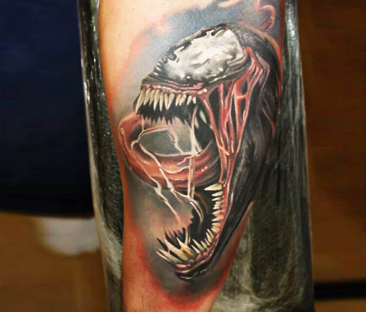 Venom spiderman tattoo by Sergey Shanko.
