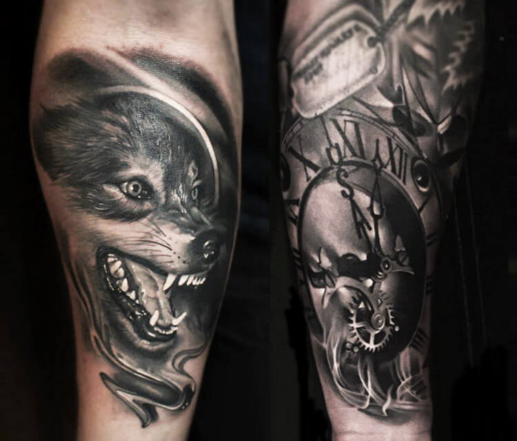 Wolf and Time tattoo by Sergey Shanko