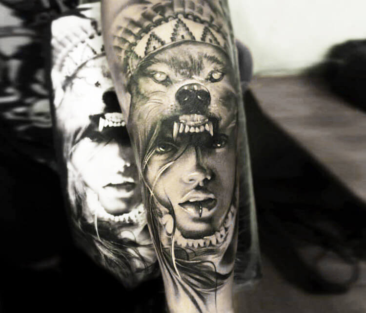 Wolf Woman tattoo by Sergey Shanko