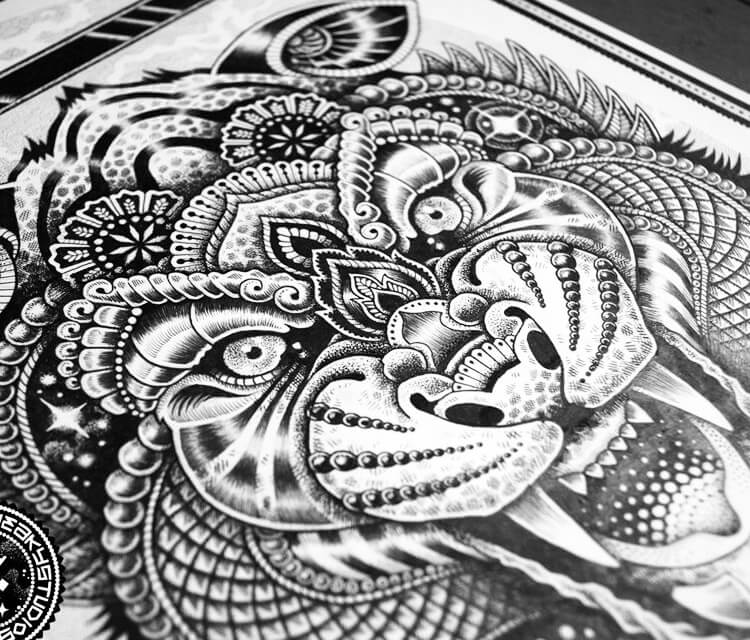 Detail Cosmic tiger marker drawing by Sneaky Studios