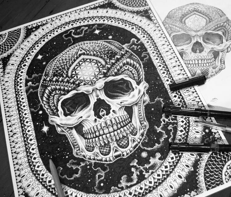 Mandala Skull1 pen drawing by Sneaky Studios