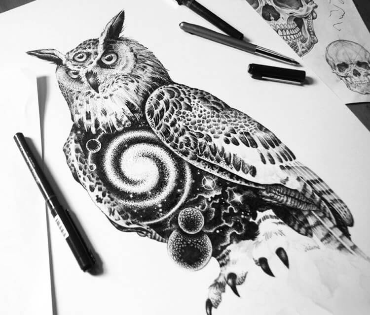 Space owl drawing by Sneaky Studios