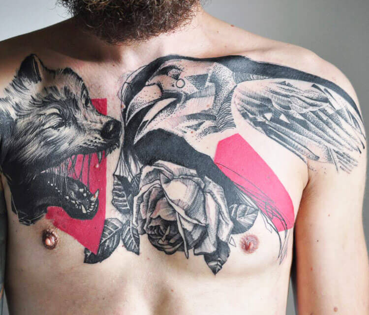 Bird, wolf, rose tattoo by Timur Lysenko