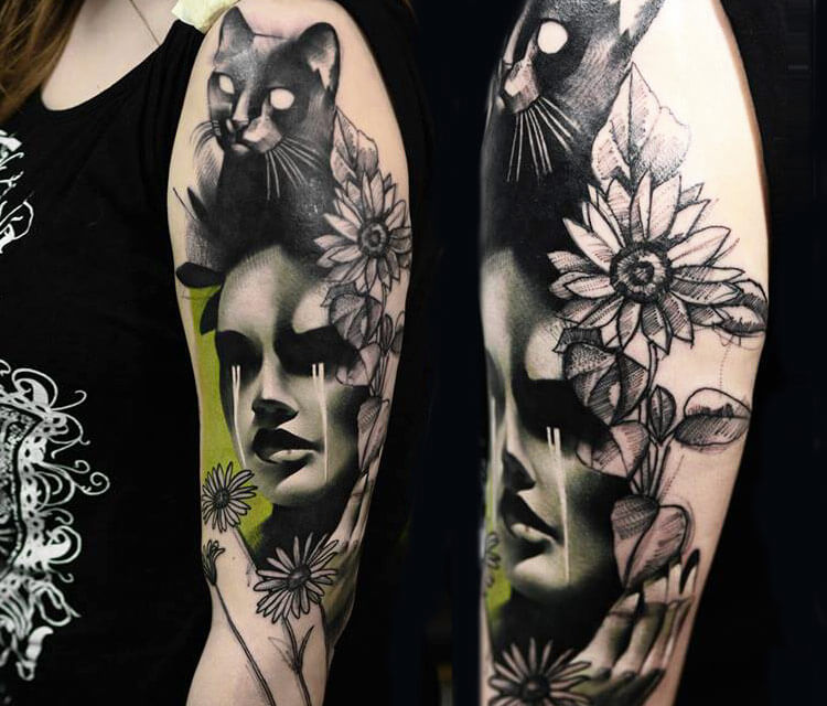 Face, Cat, Flowers tattoo by Timur Lysenko