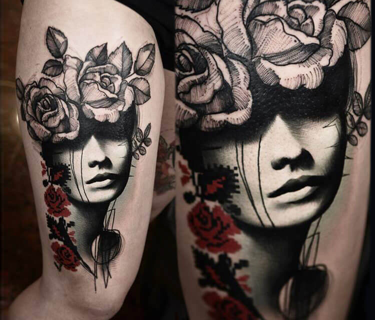 Face with flowers tattoo by Timur Lysenko
