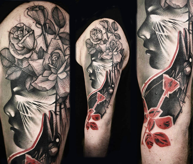 Face with Raven and flowers tattoo by Timur Lysenko