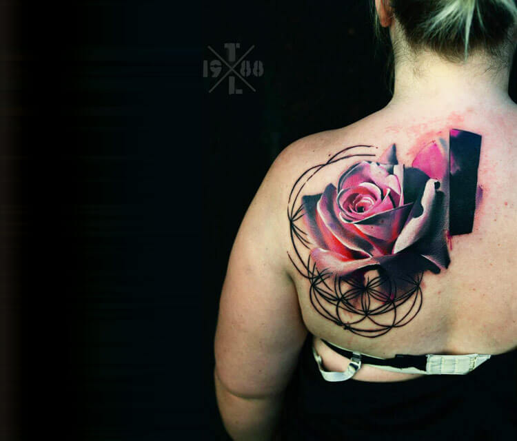 Pink rose tattoo by Timur Lysenko