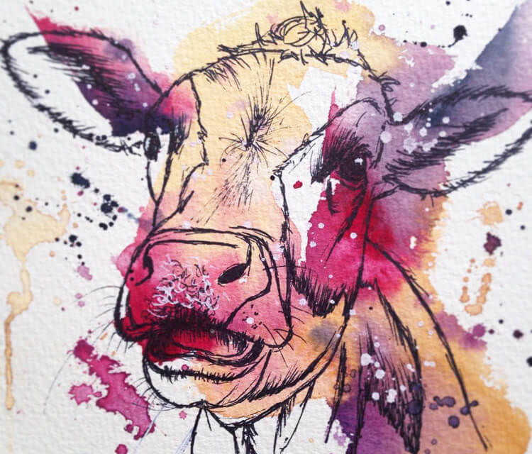 Pink Cow watercolor painting by Tori Ratcliffe Art