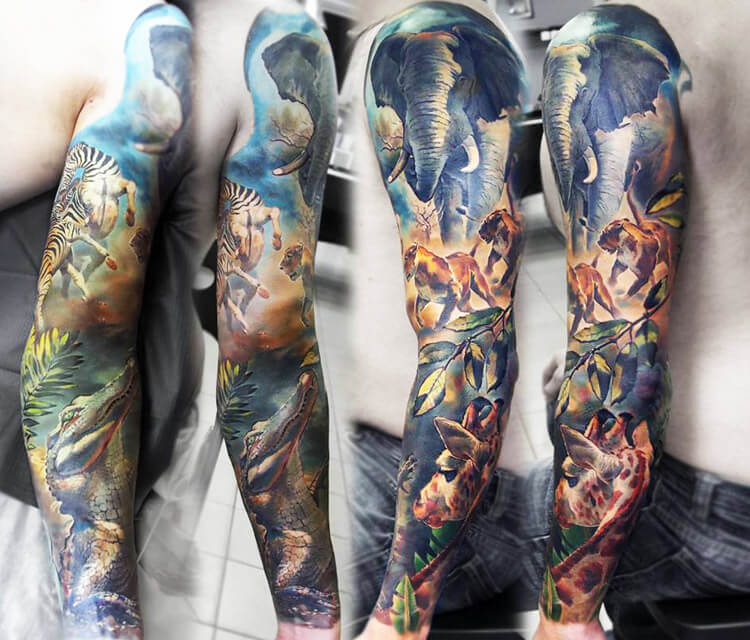 Nature sleeve tattoo by Valentina Ryabova