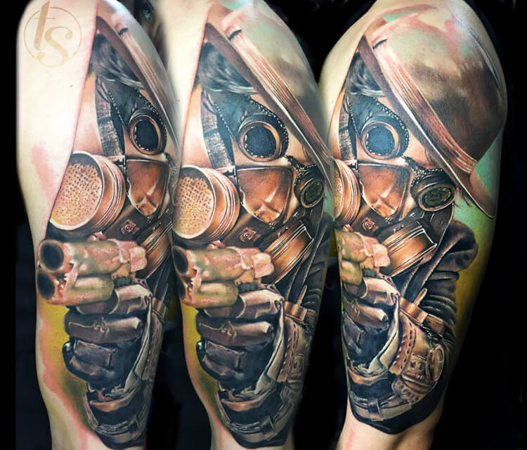 Gun Man with mask tattoo by Zsofia Belteczky