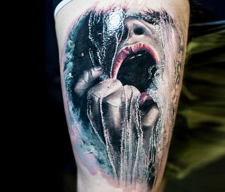 Horror face tattoo by Zsofia Belteczky