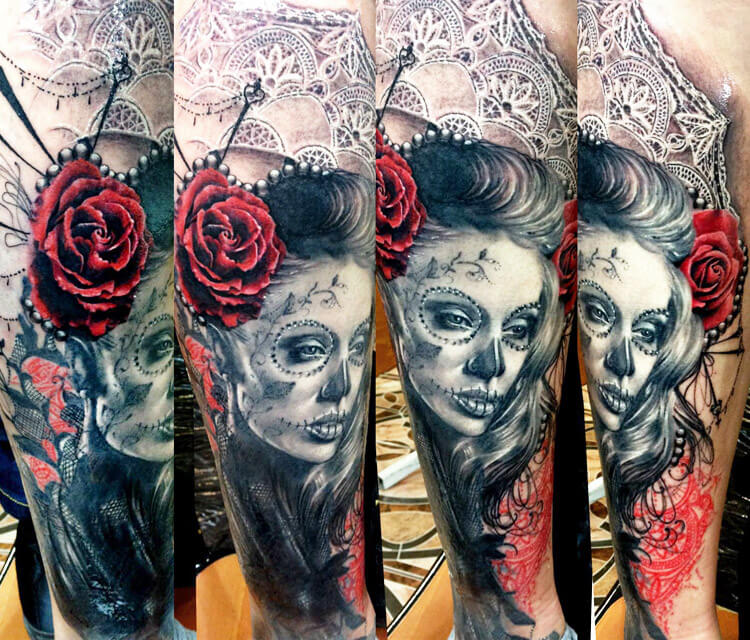 Muerte black and red tattoo by Zsofia Belteczky