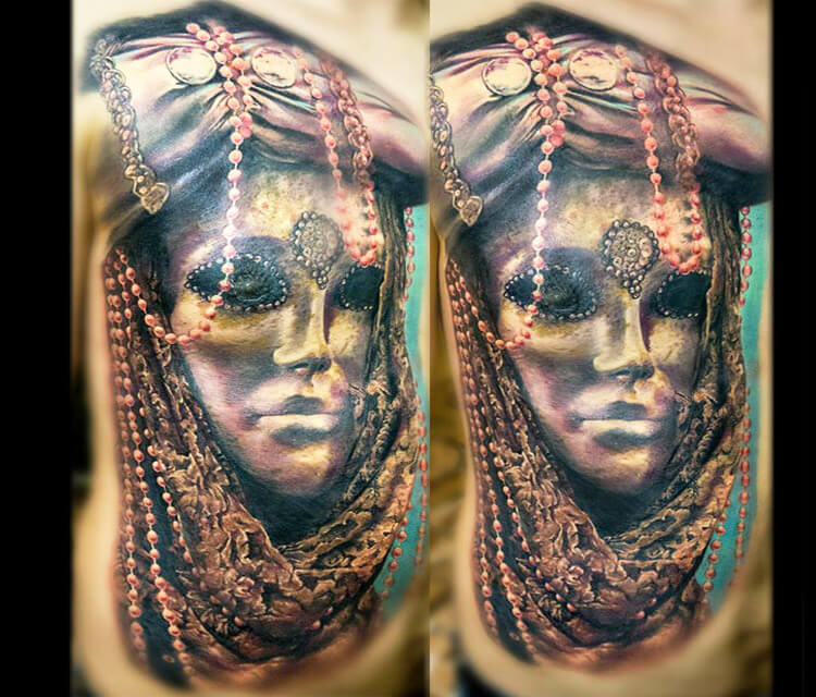 Woman mask tattoo by Zsofia Belteczky